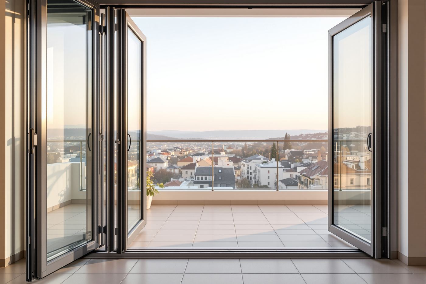 Kanatları yana toplanmış katlanır cam balkon ve kesintisiz panoramik manzara
