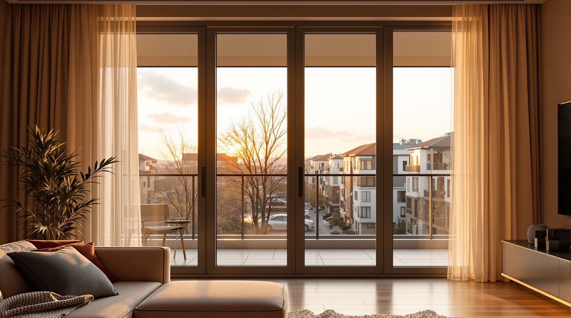 İçeriden görünümüyle tamamen kapatılmış katlanır cam balkon