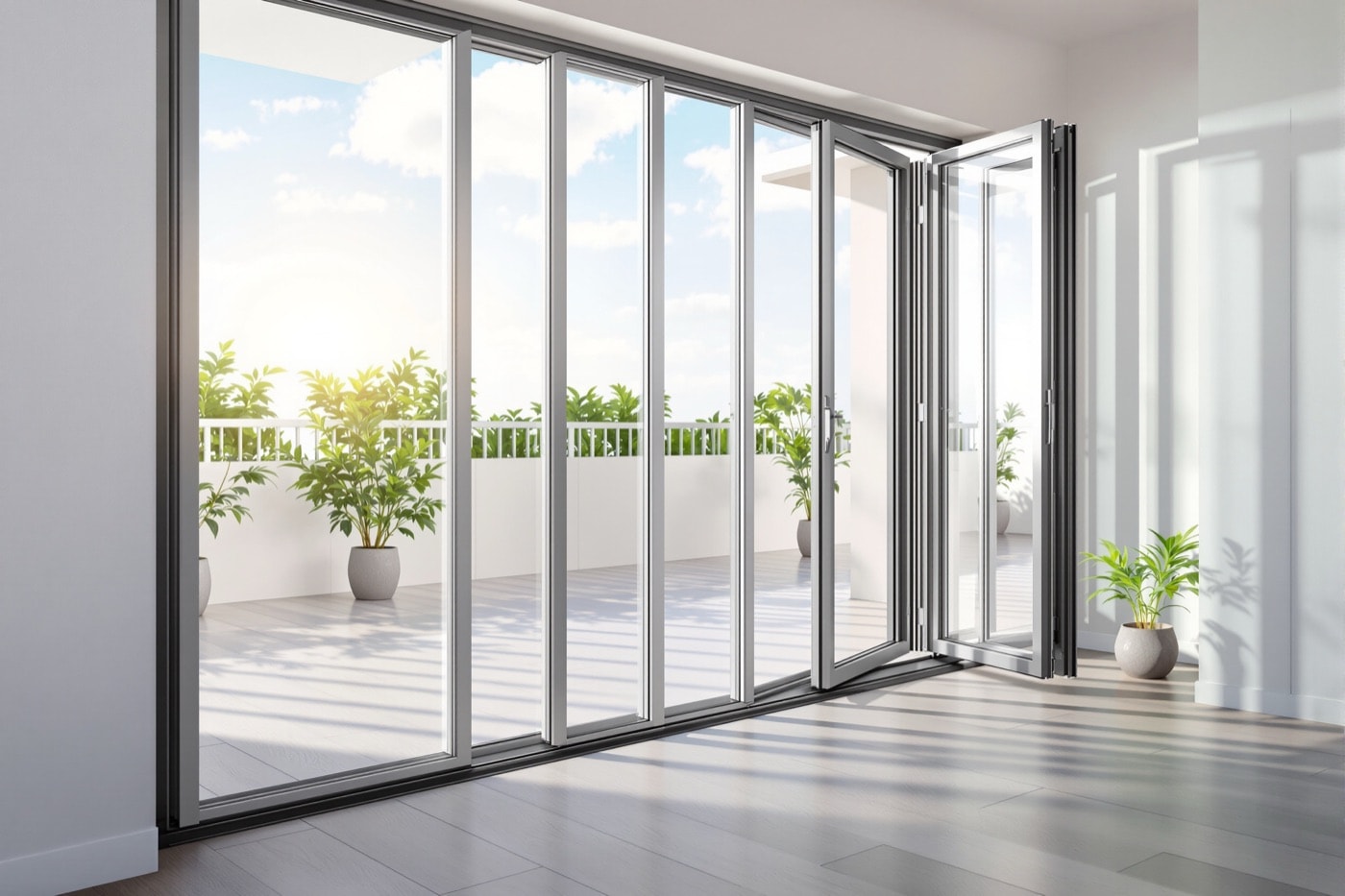 Camları tamamen toplanmış açık konumdaki cam balkon