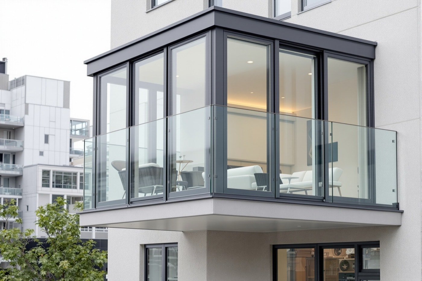 Düşey taşıyıcı olmadan çözülmüş L biçimli köşe cam balkon