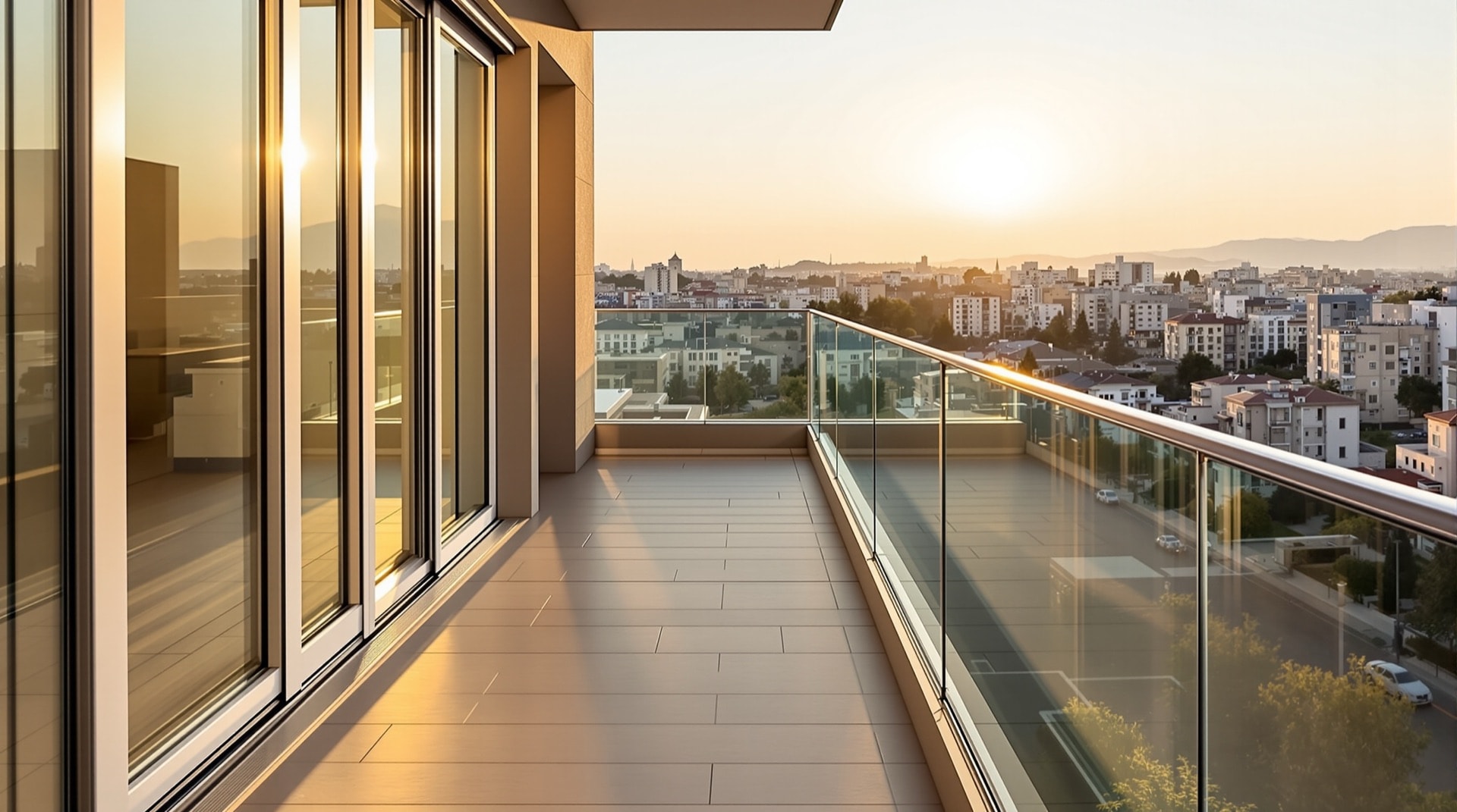 Katlanır cam balkon sistemiyle kapatılmış modern bir apartman balkonu
